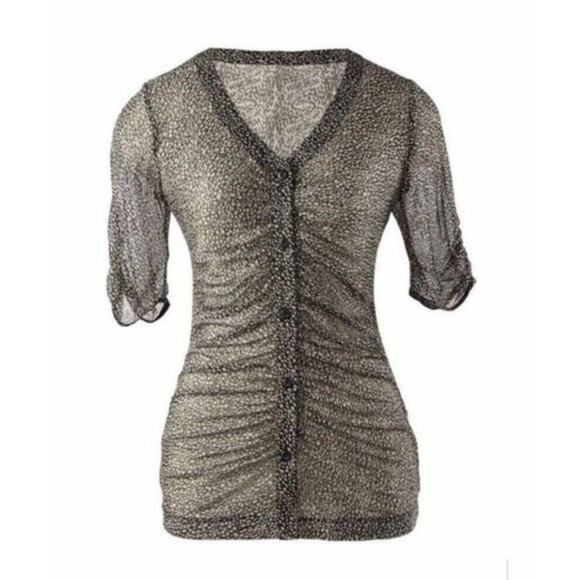 CAbi Leopard Sheer Gathered Placket Ruched Blouse Half Sleeve M Black White - Picture 2 of 15